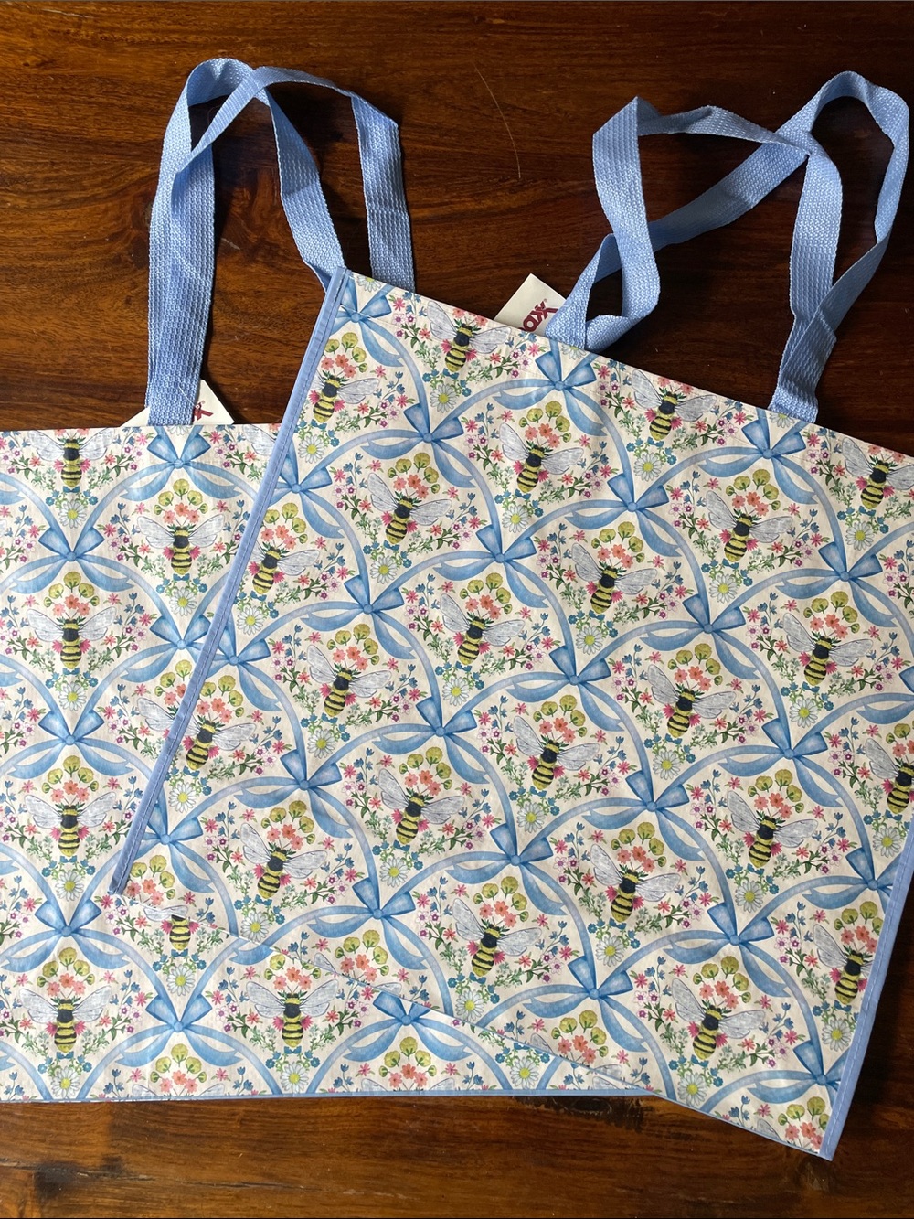 2 NWT Reusable TJ Maxx Shopping Tote Bag Bees Blue Bows Wildflowers Bridgerton